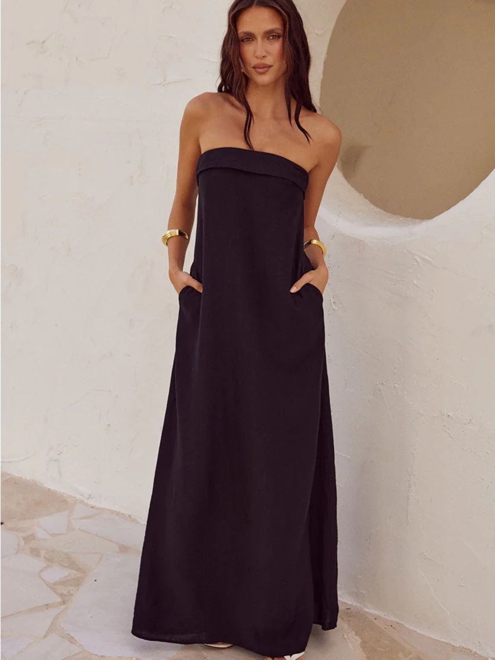 Seven Wonders Saphira Maxi Black Dress Strapless w/ Pockets Size M